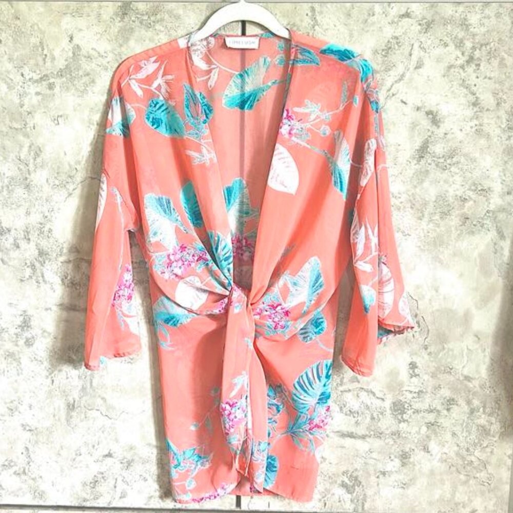 Lime Lush Sheer Peach Tropical Tie-Front Kimono
